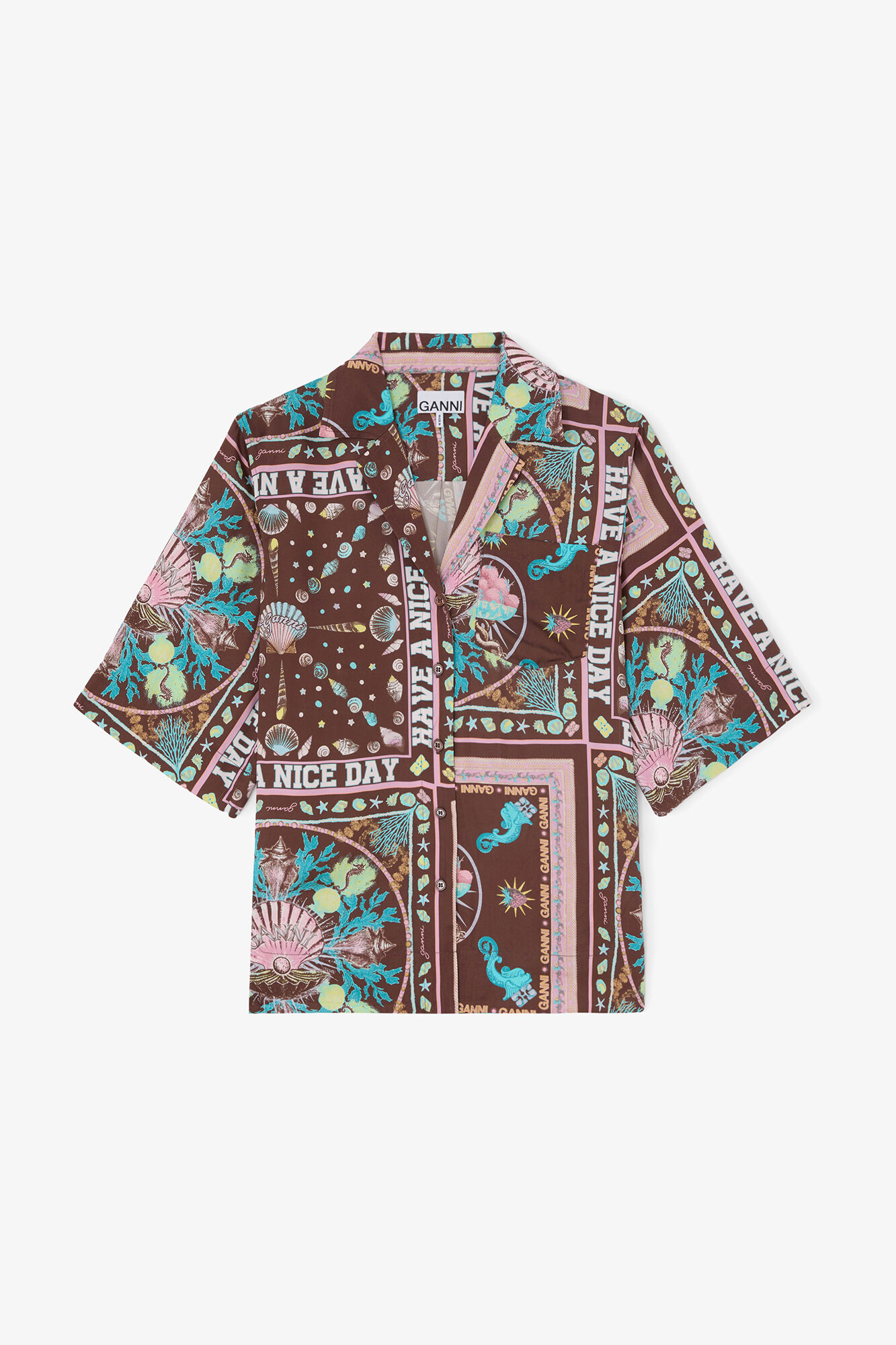 Shirt in Printed Twill, Viscose, in colour Chicory Coffee - 1 - GANNI