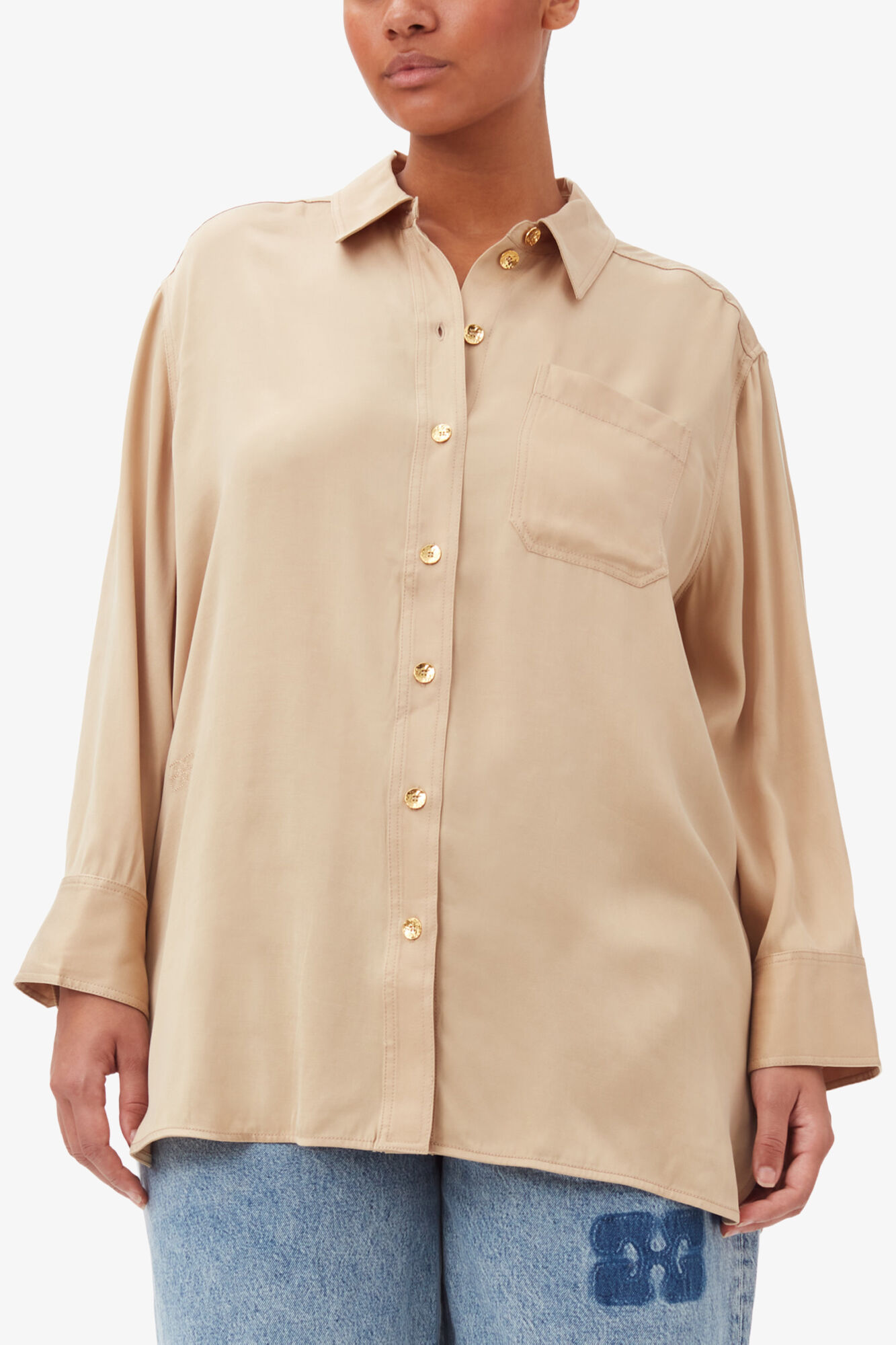 Beige Washed Satin Shirt, LENZING™ ECOVERO™, in colour Safari - 1 - GANNI