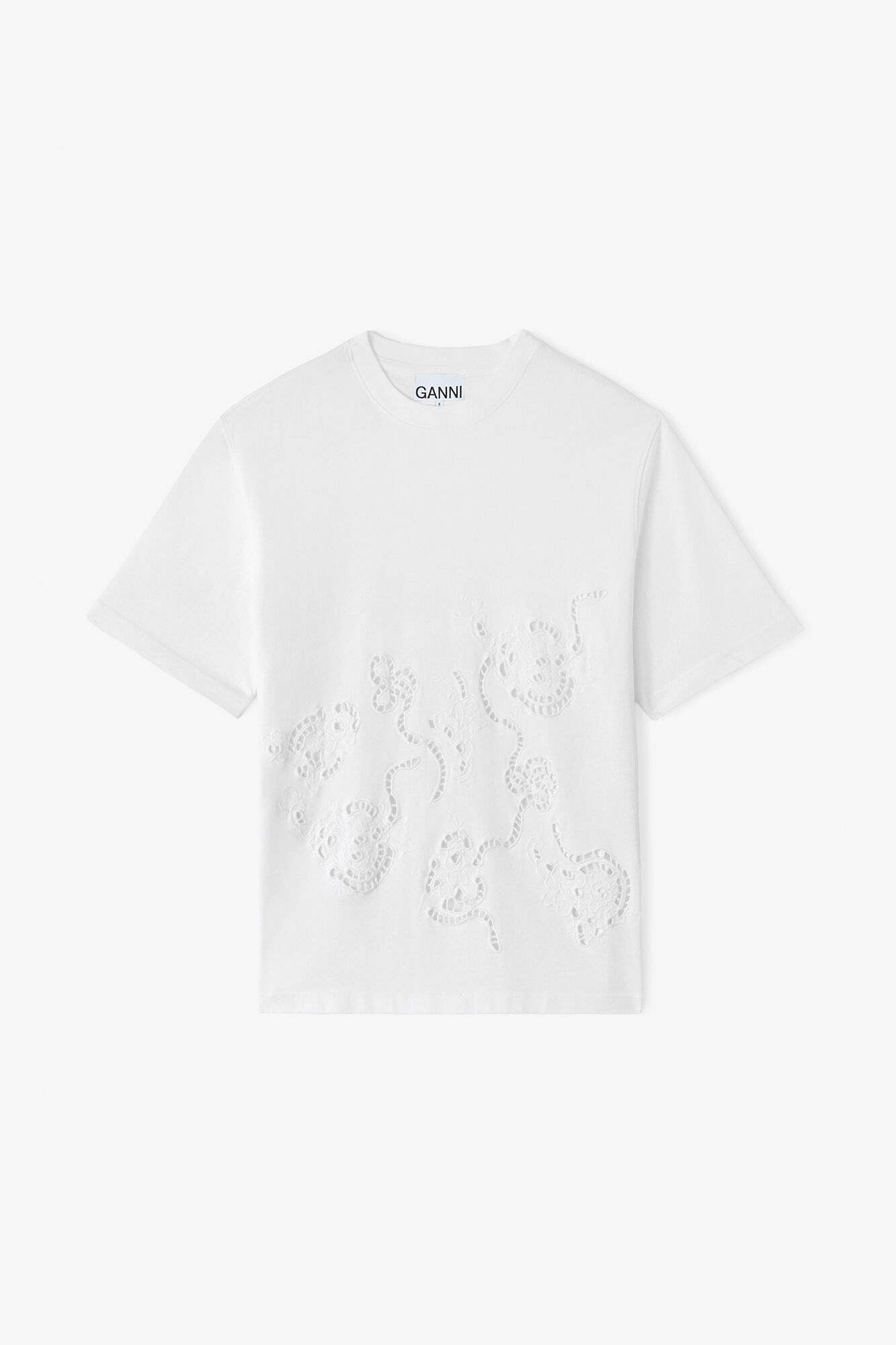 T-Shirt mit weißer Broderie Anglaise, Organic Cotton, in colour Bright White - 1 - GANNI