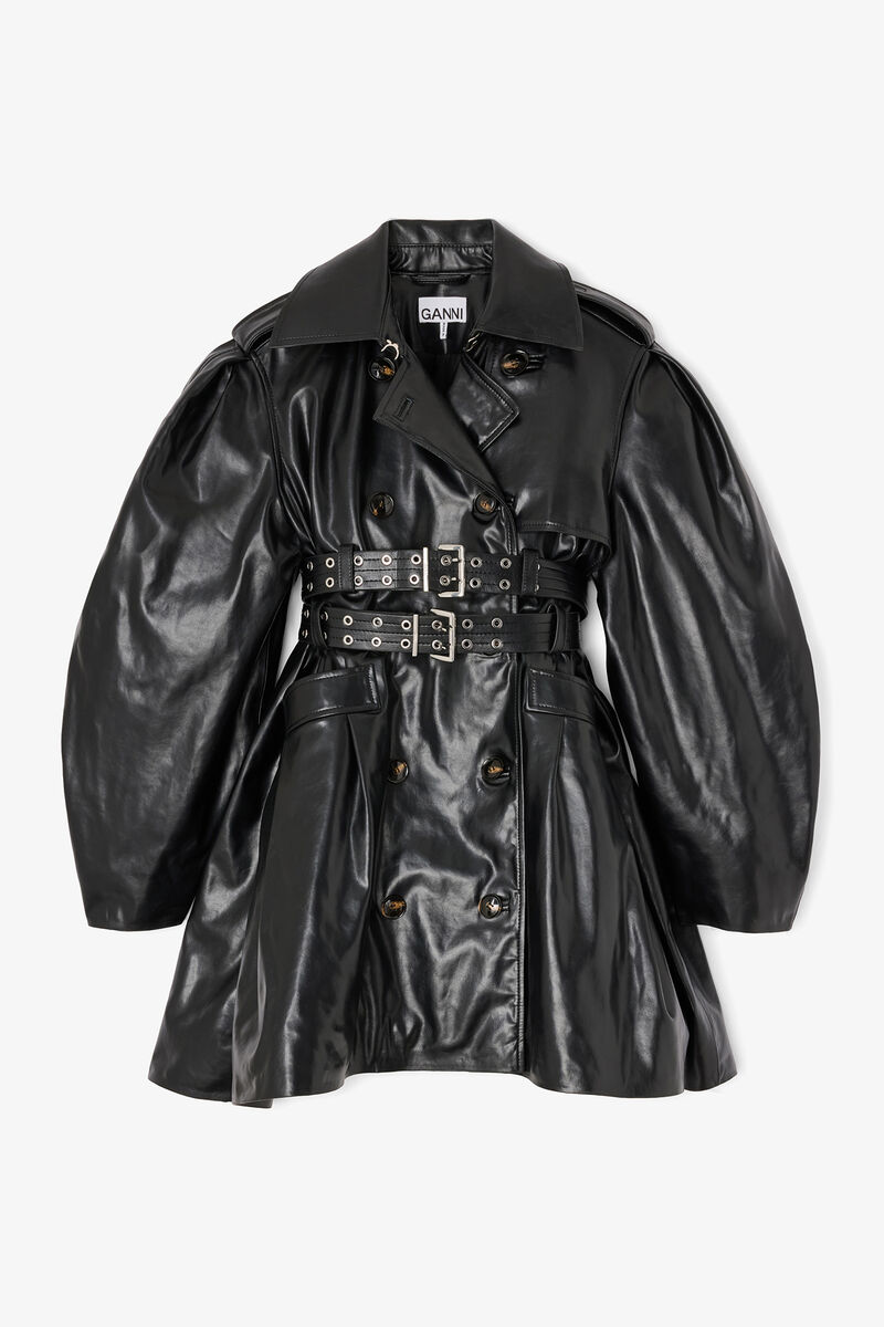 Trench Coat in Recycled Leather, Recycled Leather, in colour Black - 1 - GANNI