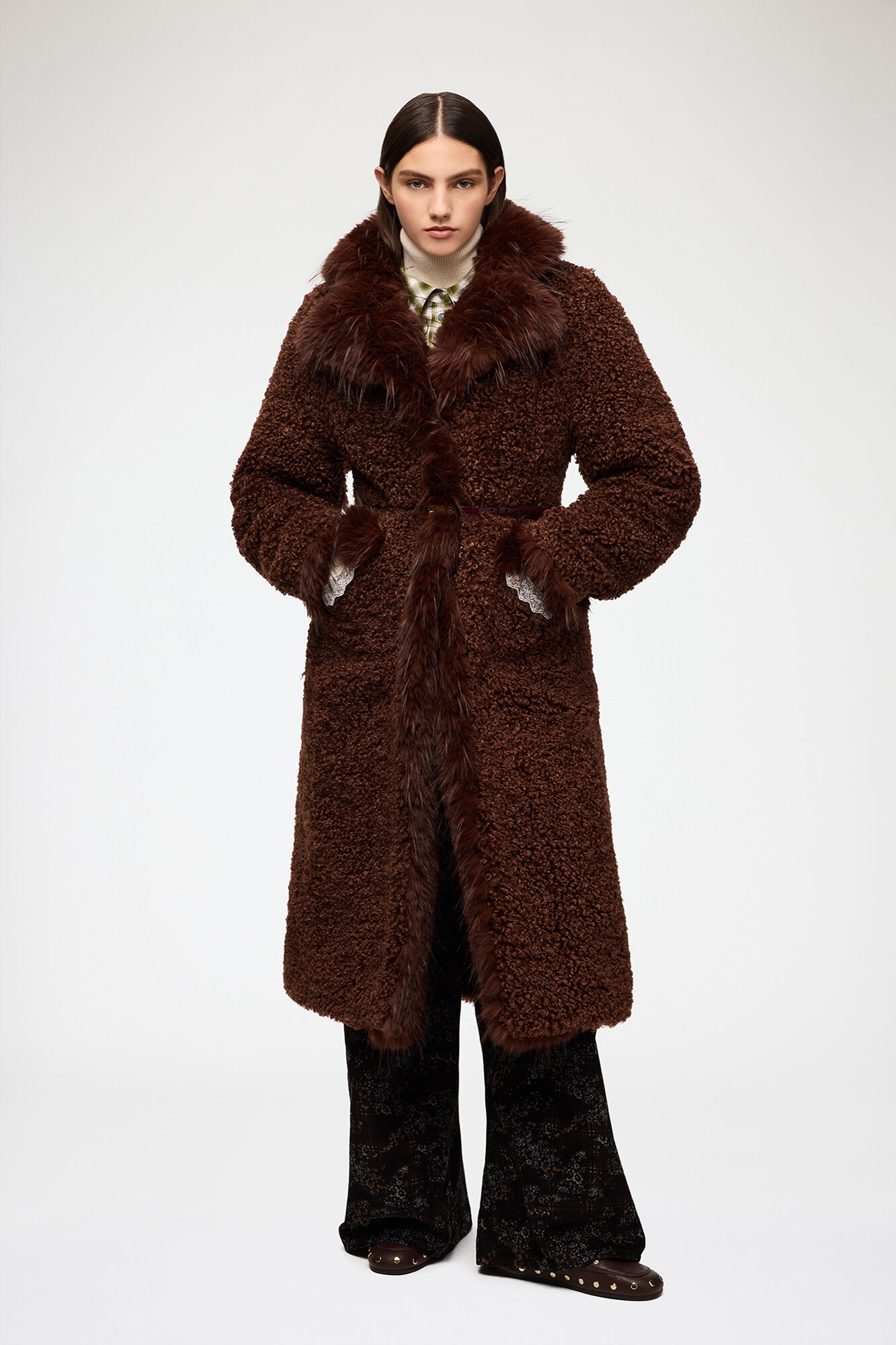 Coat in Alternative Shearling, Polyester, in colour Chocolate Brown - 1 - GANNI