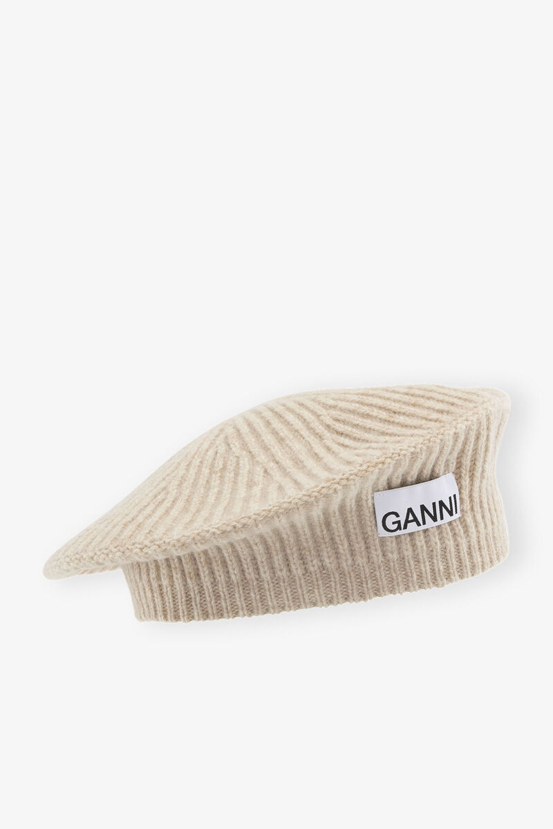 Wool Rib Knit Beret, Wool, in colour Brazilian Sand - 1 - GANNI