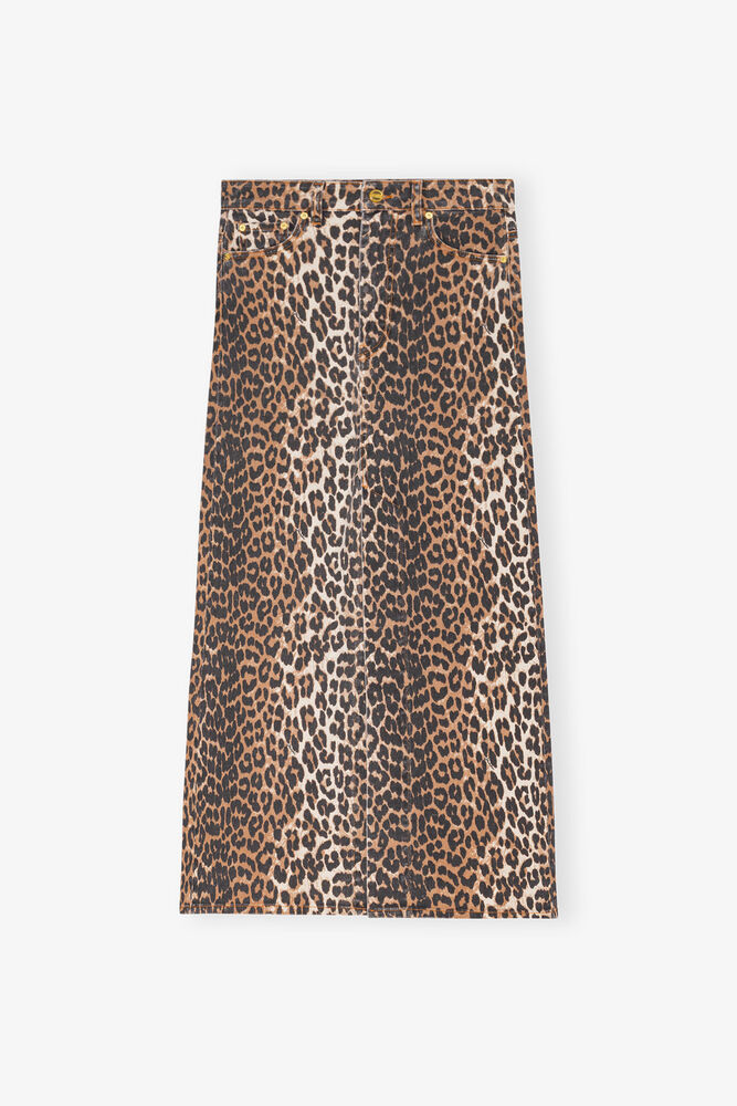 Leopard Denim Maxi Slit Skirt, Leopard
