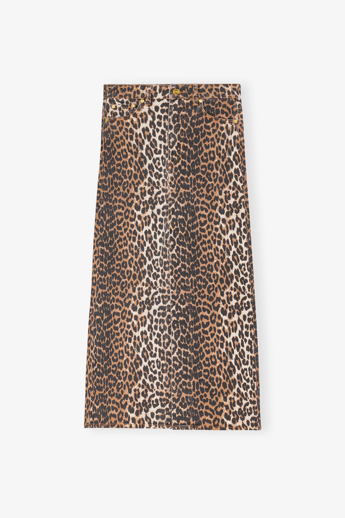 Leopard Denim Maxi Slit Skirt, Organic Cotton, in colour Leopard - 1 - GANNI