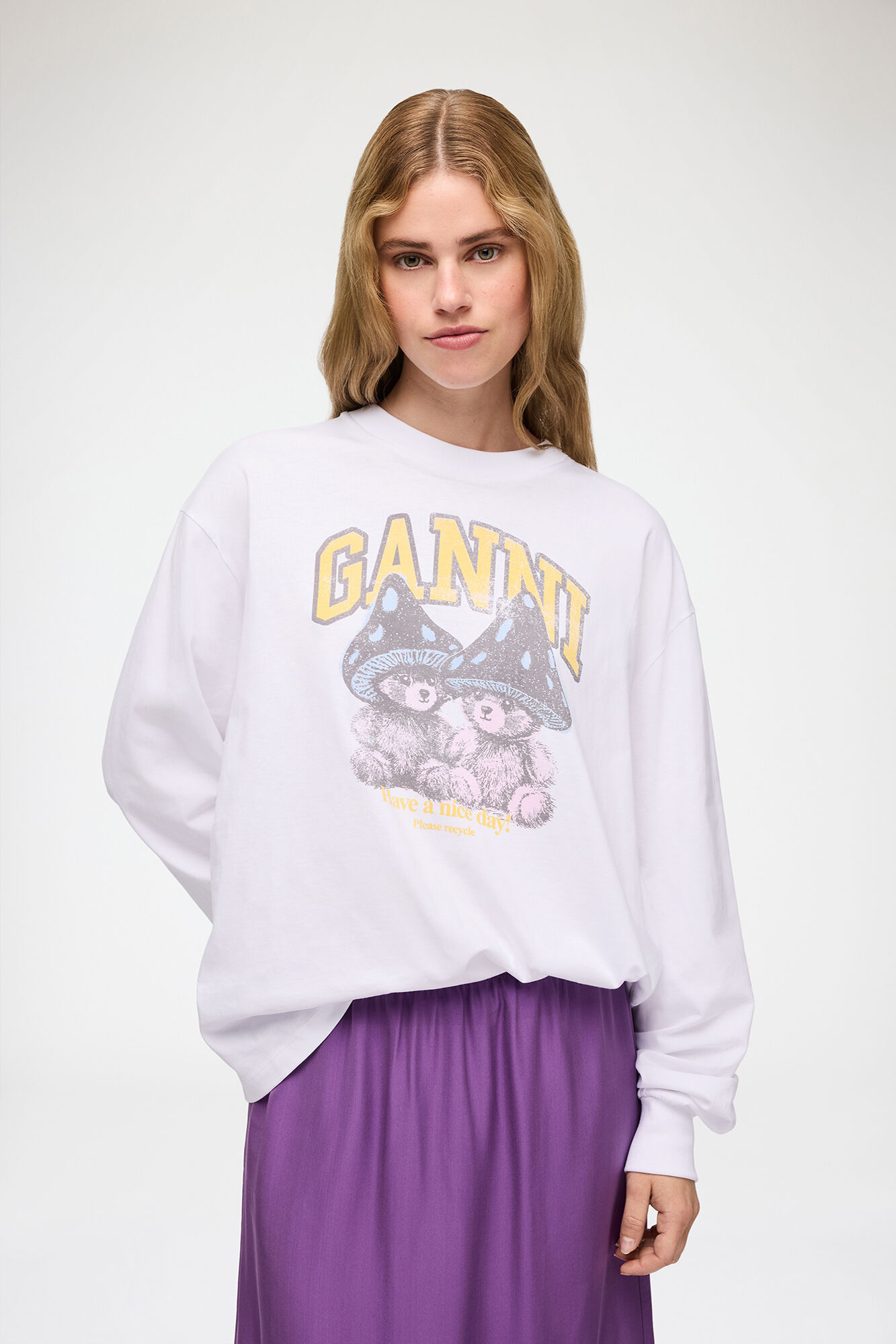 Long-sleeve T-shirt with Mushroom Teddy, Organic Cotton, in colour Bright White - 1 - GANNI