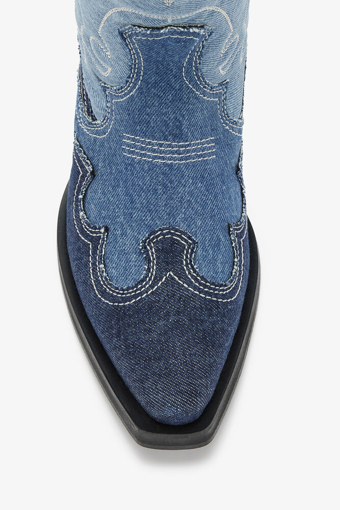 Mid Shaft Embroidered Western Boots in Denim, Mid Blue Vintage