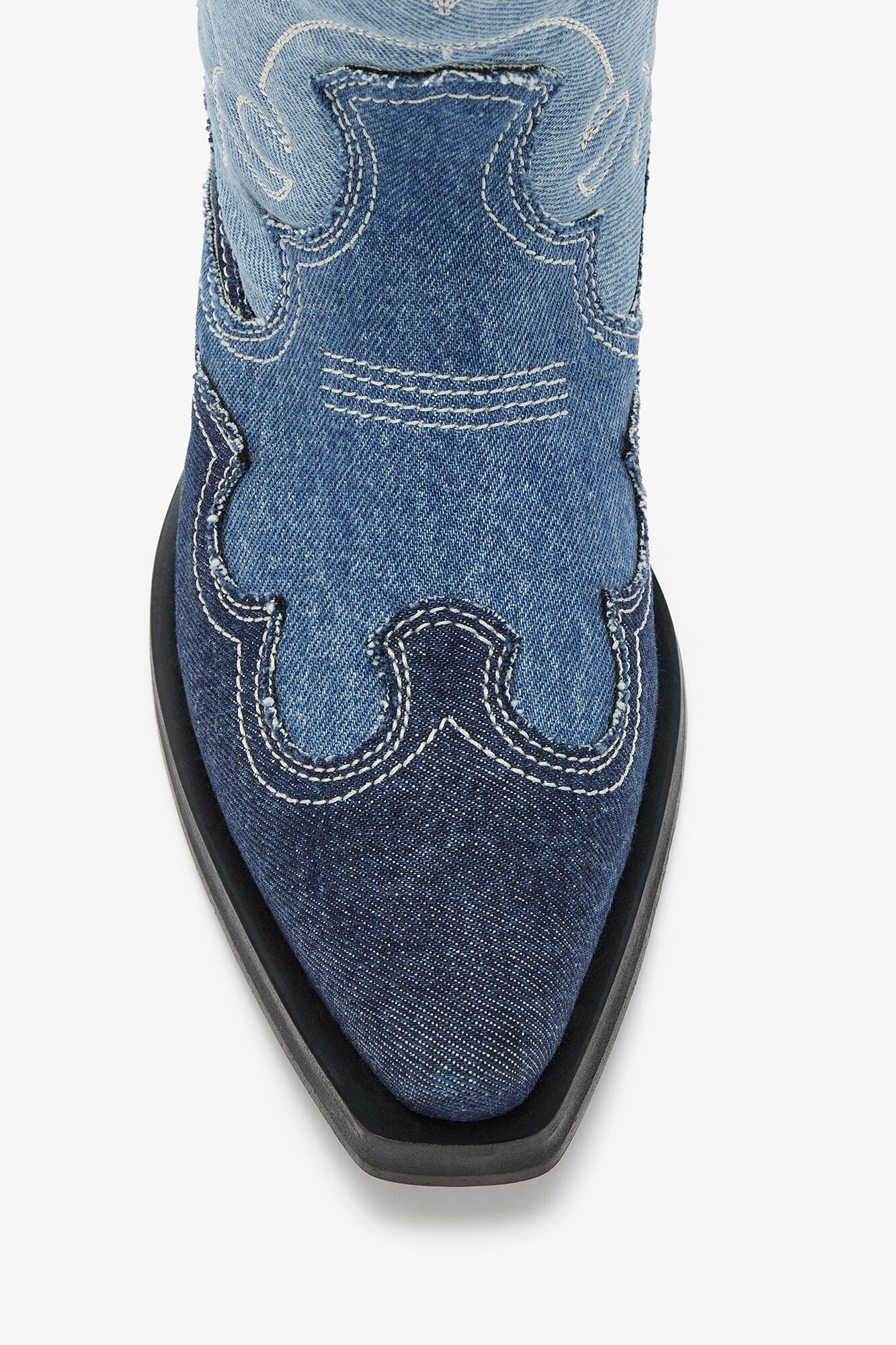 Mid Shaft Embroidered Western Boots in Denim, Organic Cotton, in colour Mid Blue Vintage - 3 - GANNI