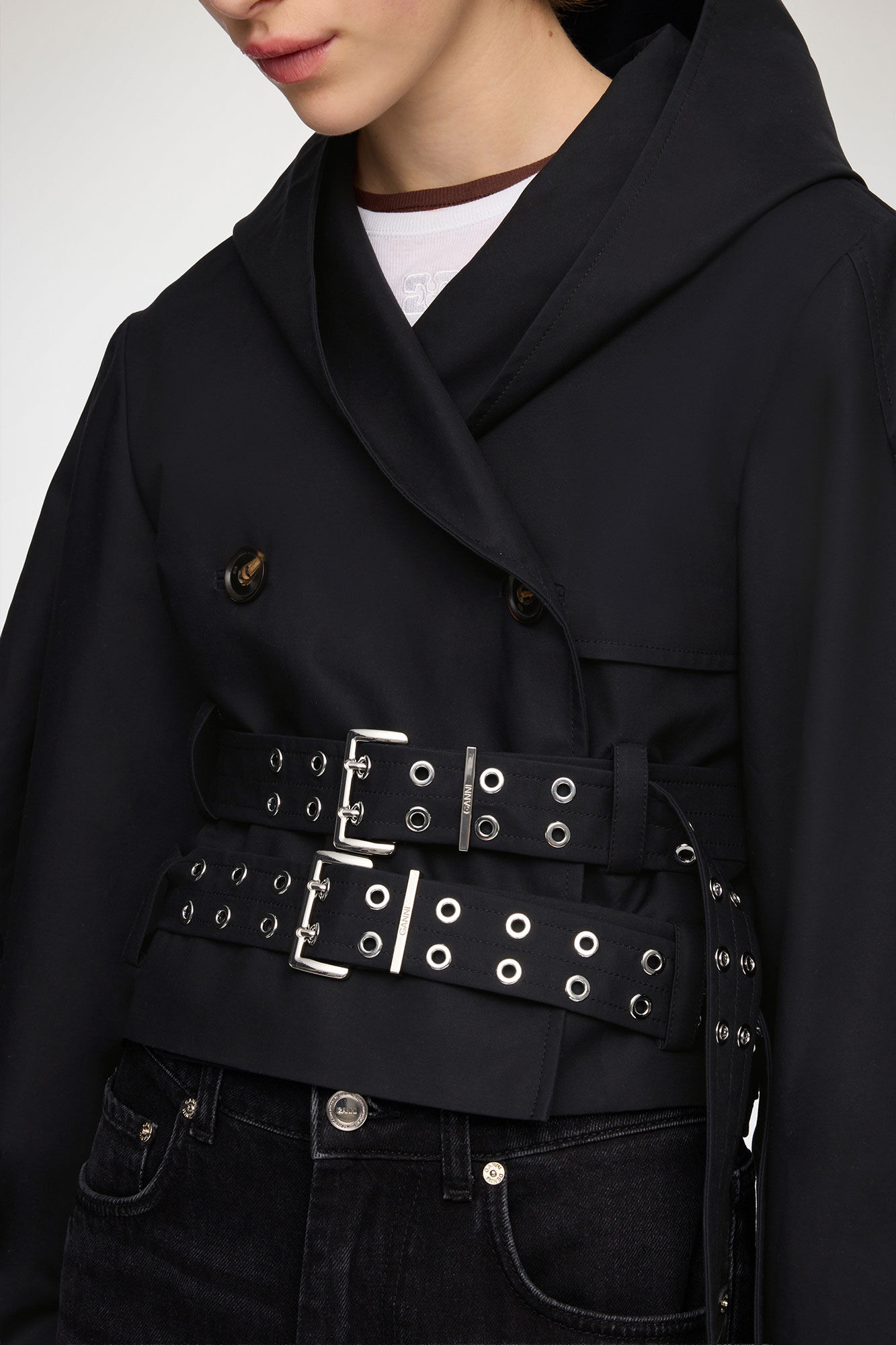 Trench Jacket in Double Cotton, Organic Cotton, in colour Black - 4 - GANNI