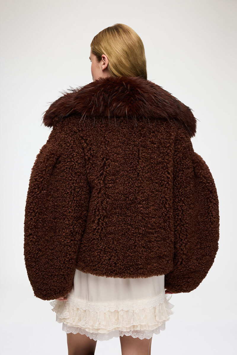 Jacket in Alternative Shearling, Polyester, in colour Chocolate Brown - 3 - GANNI