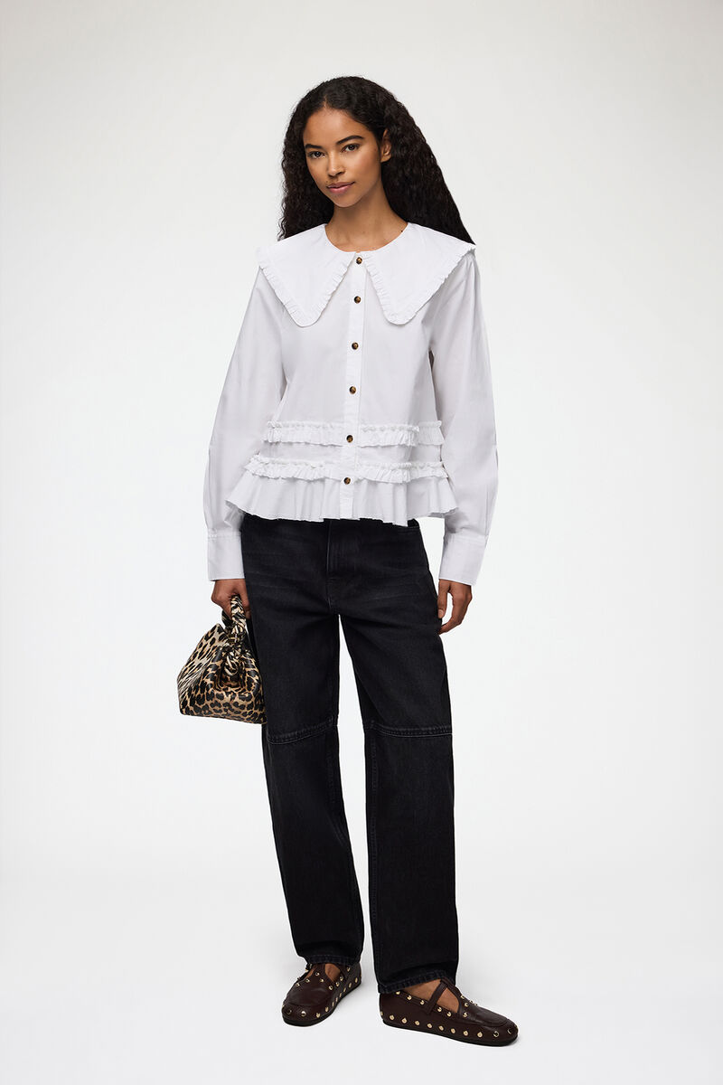 Stretch Cotton Ruffle Shirt, Organic Cotton, in colour Snow White - 2 - GANNI