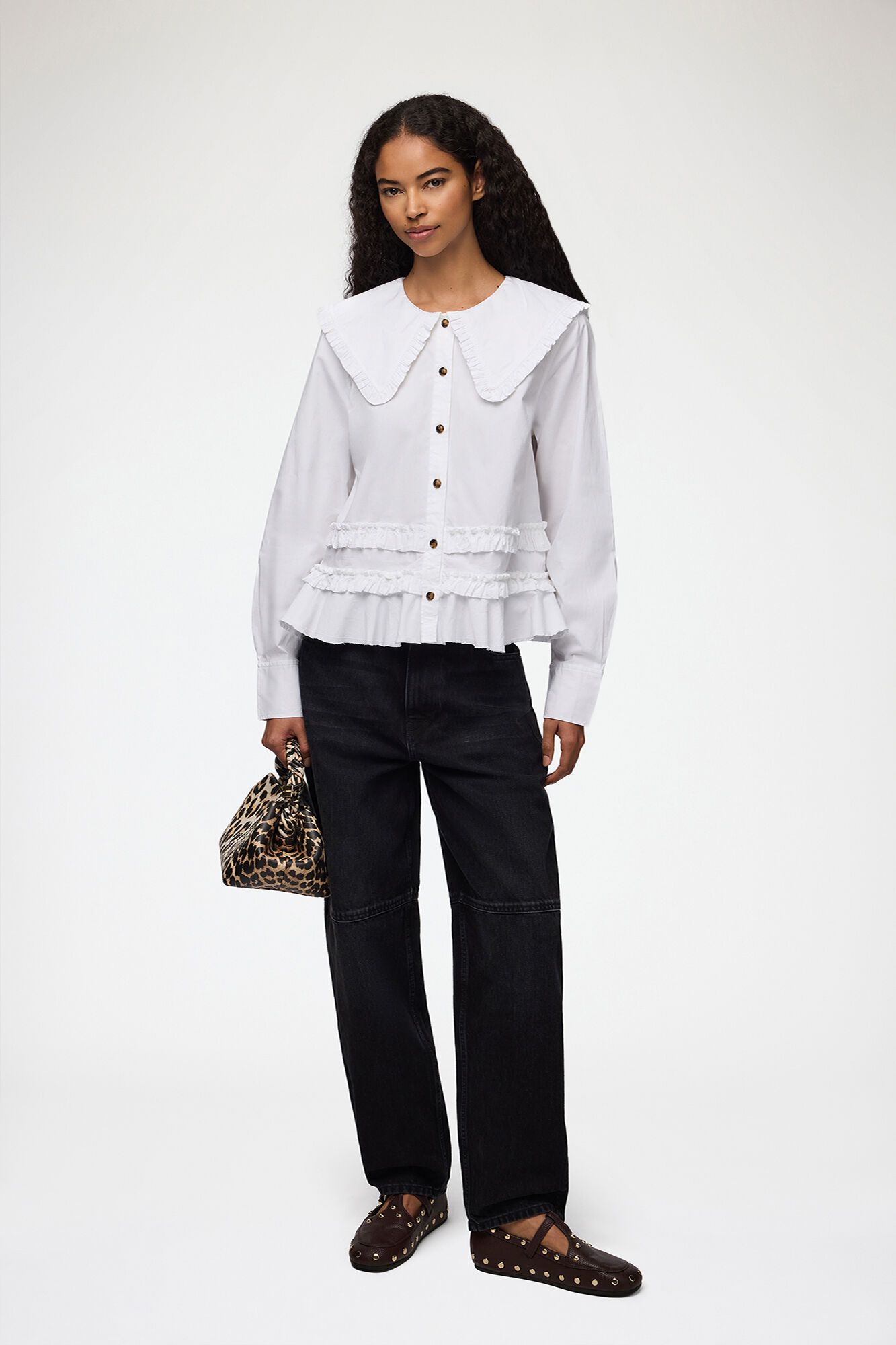 Stretch Cotton Ruffle Shirt, Organic Cotton, in colour Snow White - 2 - GANNI