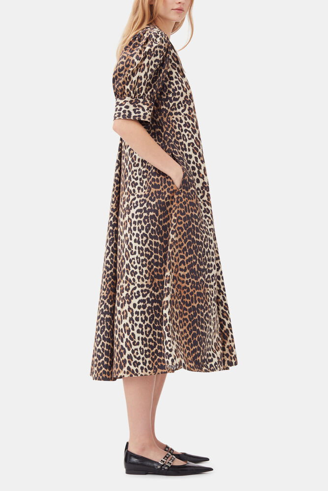 Leopard Cotton Poplin V-neck Maxi Dress, Leopard
