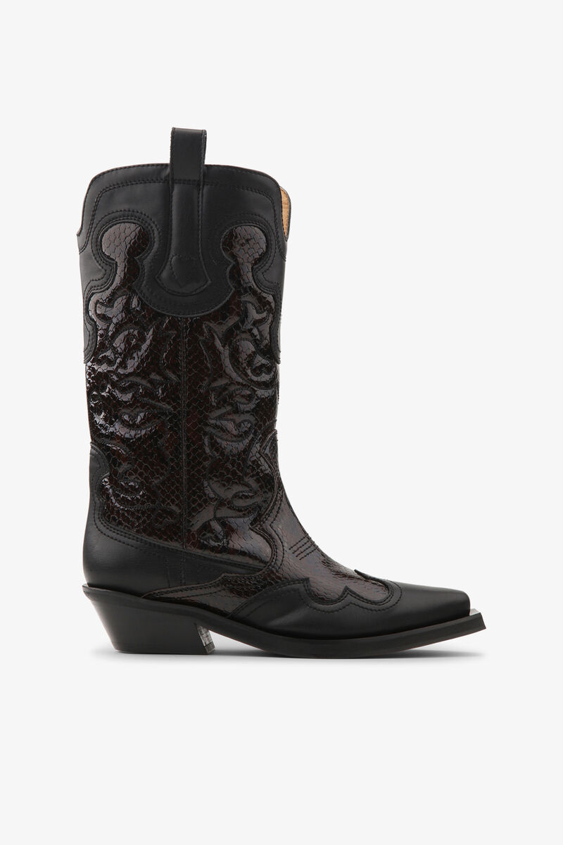 Mid Shaft Embroidered Western Boots in Burgundy, Recycled Leather, in colour Black/Dark Burgundy - 1 - GANNI