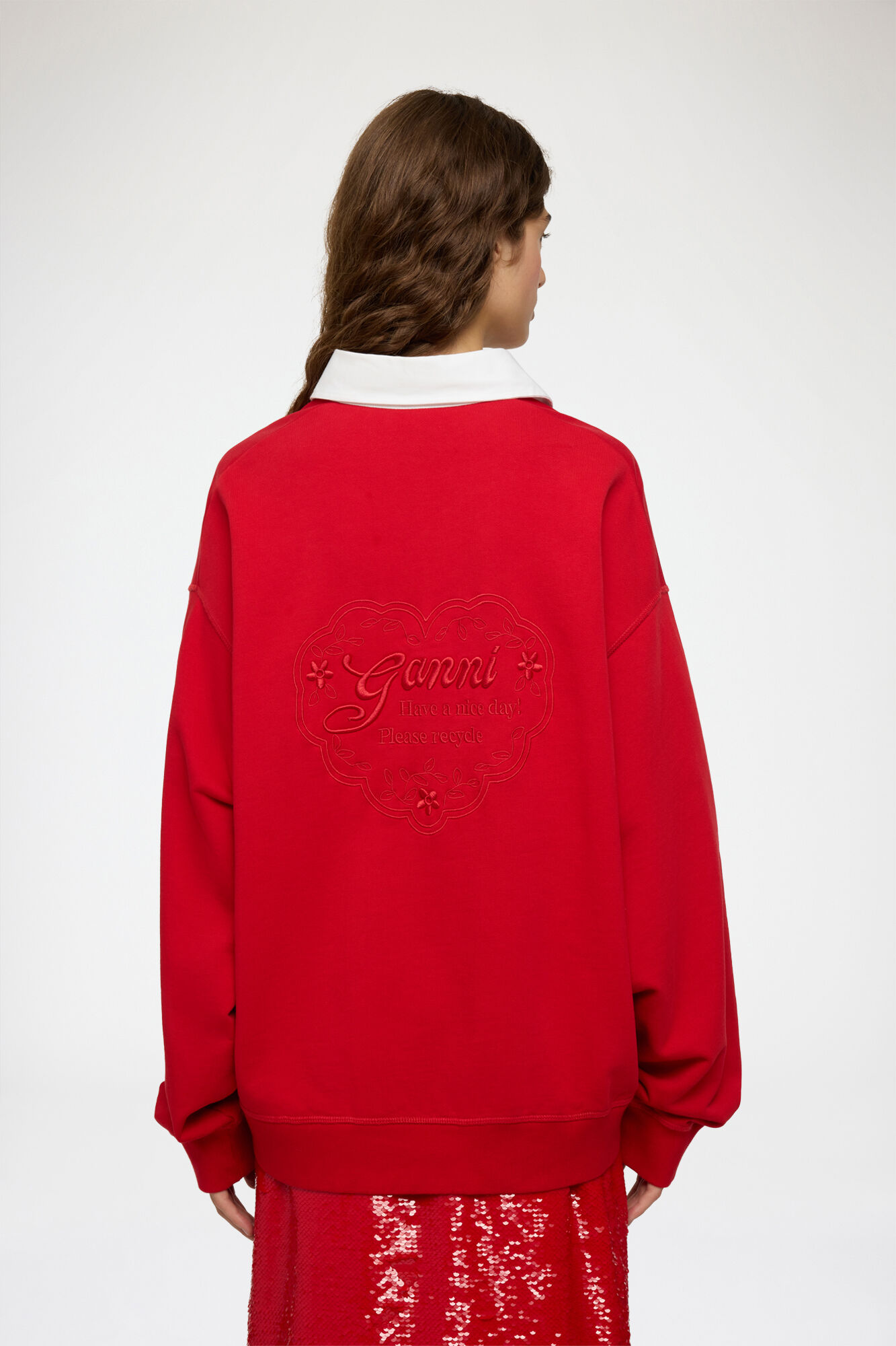 Polo Shirt with Heart Embroidery, Organic Cotton, in colour Racing Red - 3 - GANNI