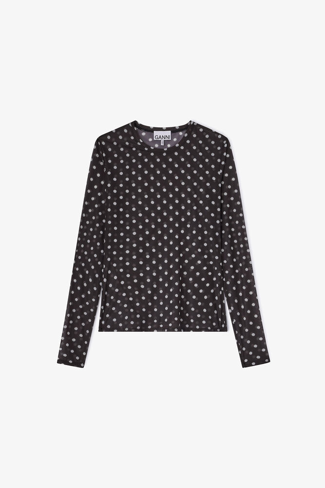 Printed Sheer Long-sleeve Top, Black
