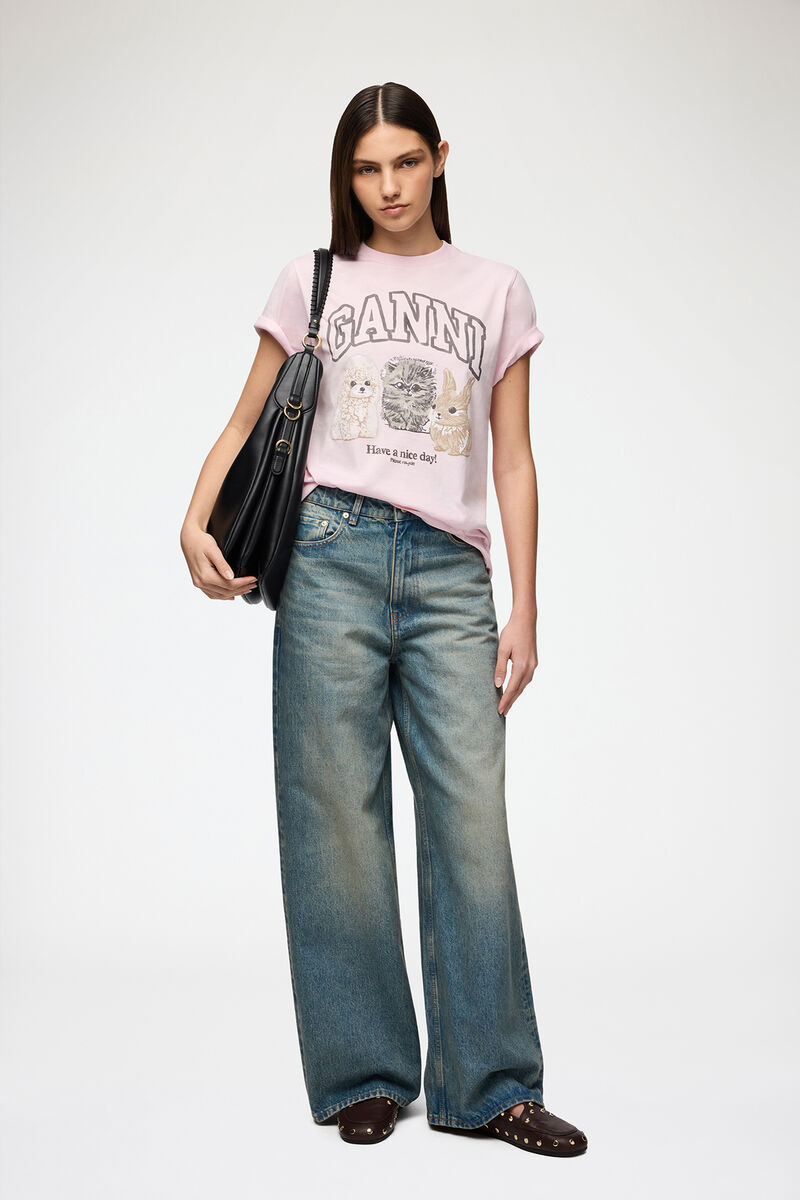 T-shirt with Animals, Organic Cotton, in colour Chalk Pink - 2 - GANNI