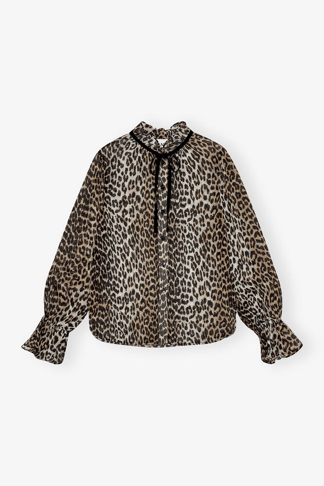 Leopard Print Chiffon Tie String Shirt, Leopard