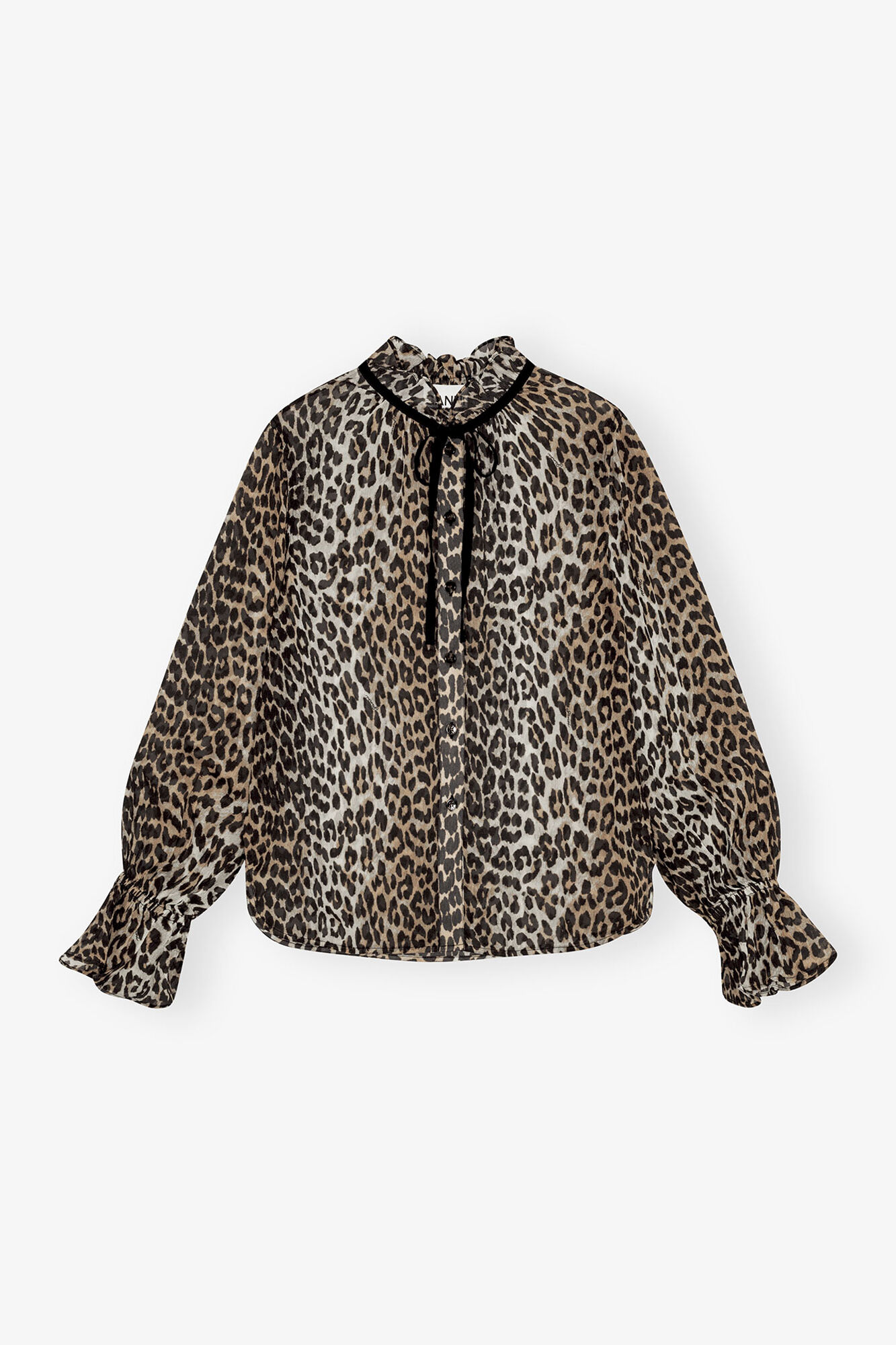Chiffon-String-Hemd mit Leopardenmuster und Bindeband, Viscose, in colour Leopard - 1 - GANNI