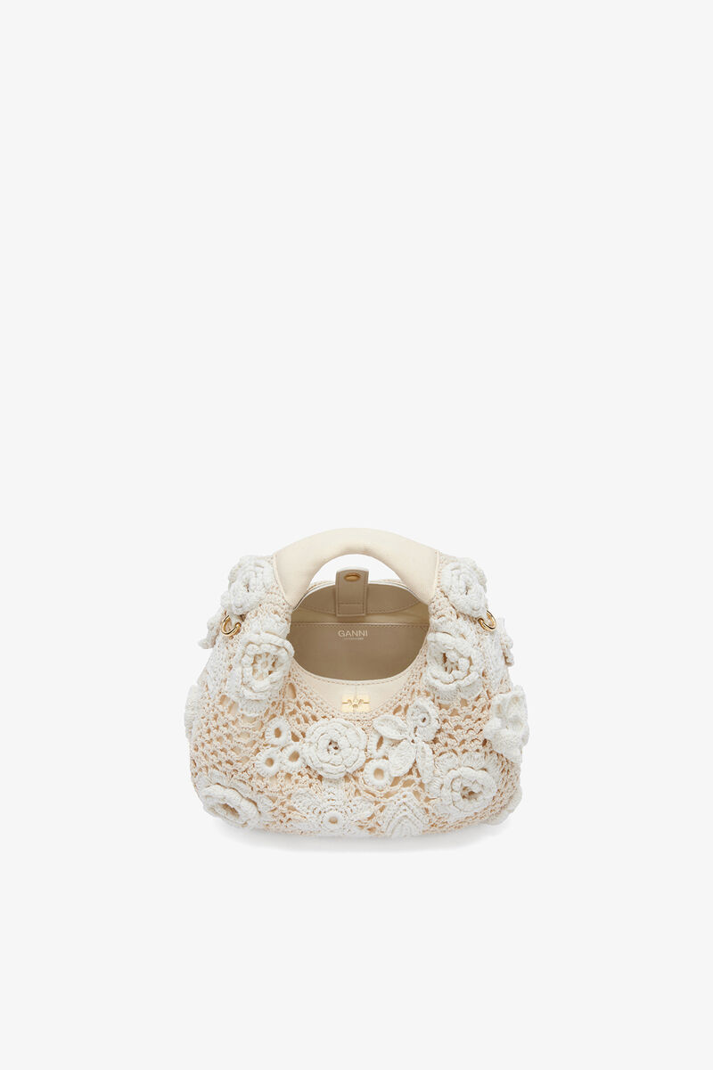 Mini Hobo Bag in White Crochet, Organic Cotton, in colour Egret - 3 - GANNI