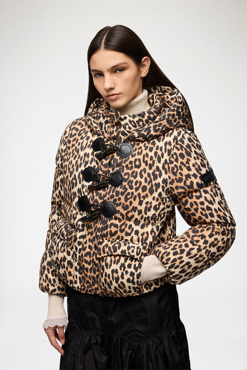 Mini Puffer in Leopard Nylon, Recycled Polyamide, in colour Almond Milk - 1 - GANNI