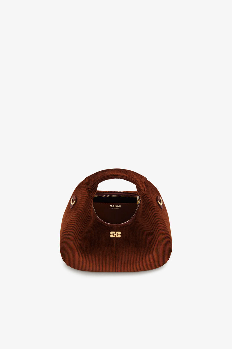 Mini Hobo Bag in Brown Corduroy, Organic Cotton, in colour Tortoise Shell - 3 - GANNI
