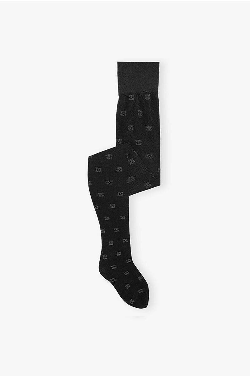 Black Glitter Butterfly Lace Tights, Recycled Polyamide, in colour Black - 1 - GANNI