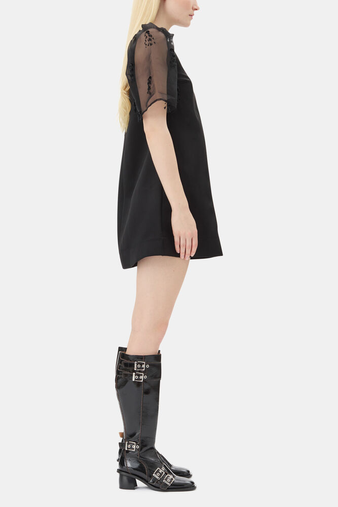 Black Fringed Organza Mini Dress, Black