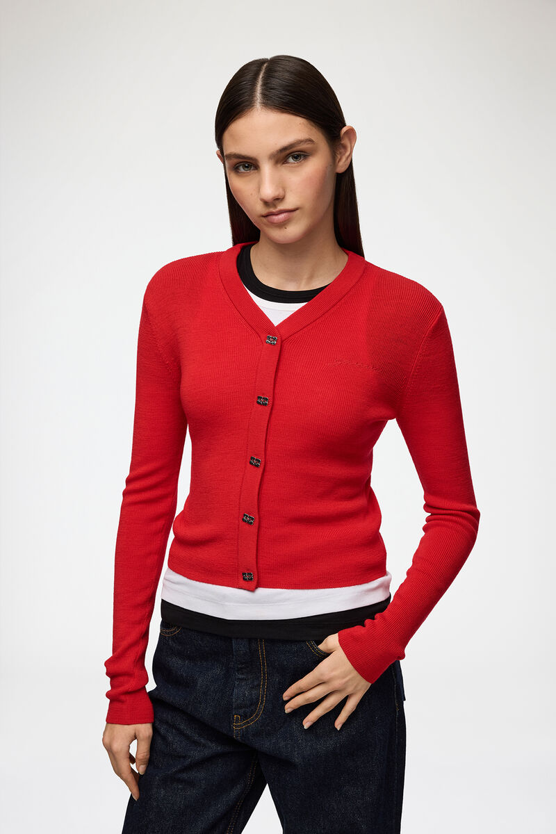 Cardigan in Red Merino, Wool, in colour Goji Berry - 1 - GANNI