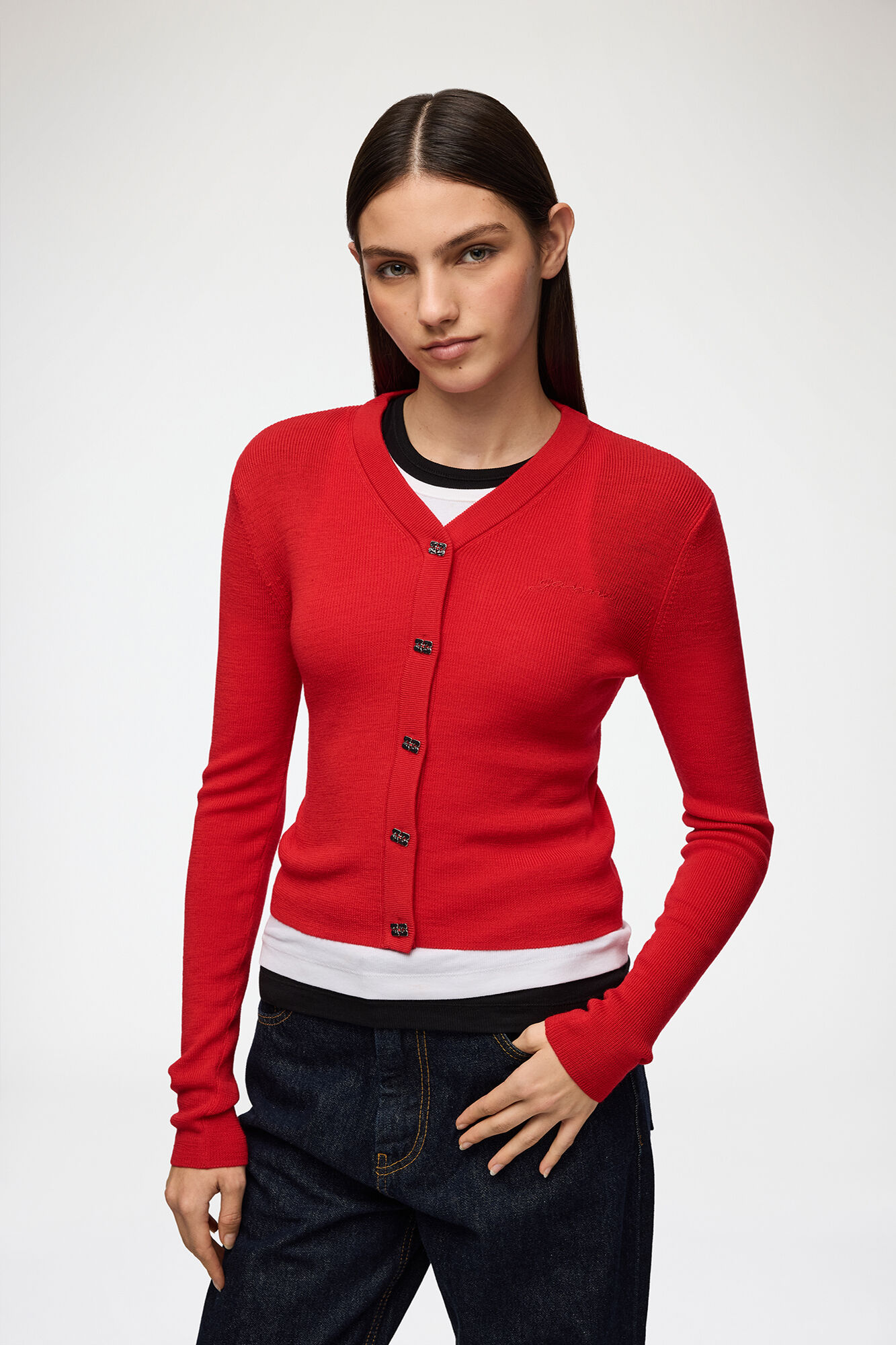 Cardigan in Red Merino, Wool, in colour Goji Berry - 1 - GANNI