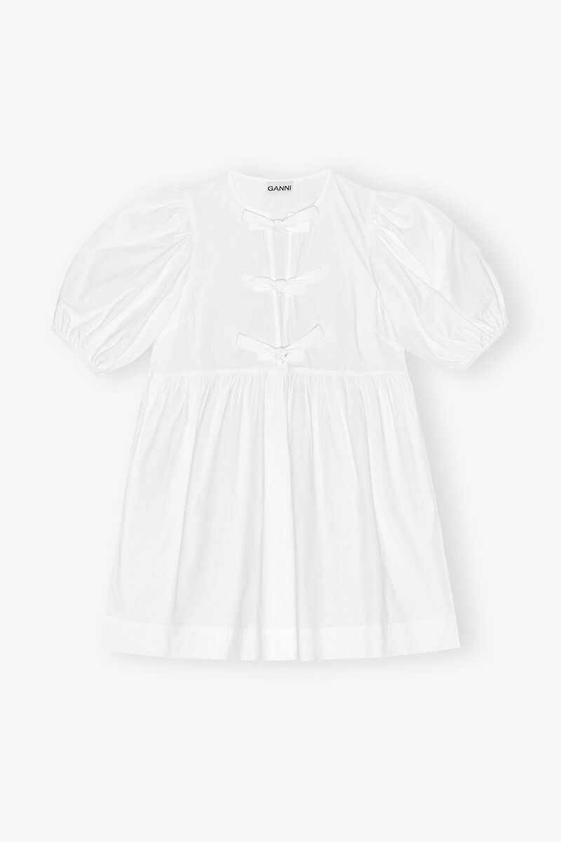 White Cotton Poplin Tie String Mini Dress, Organic Cotton, in colour Bright White - 1 - GANNI