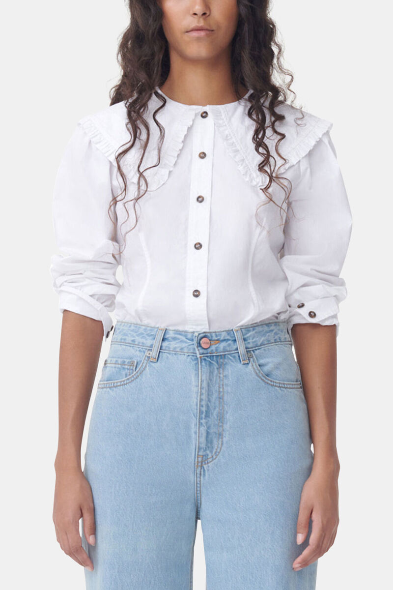 White Frill Collar Poplin Skjorte, Cotton, in colour Bright White - 1 - GANNI