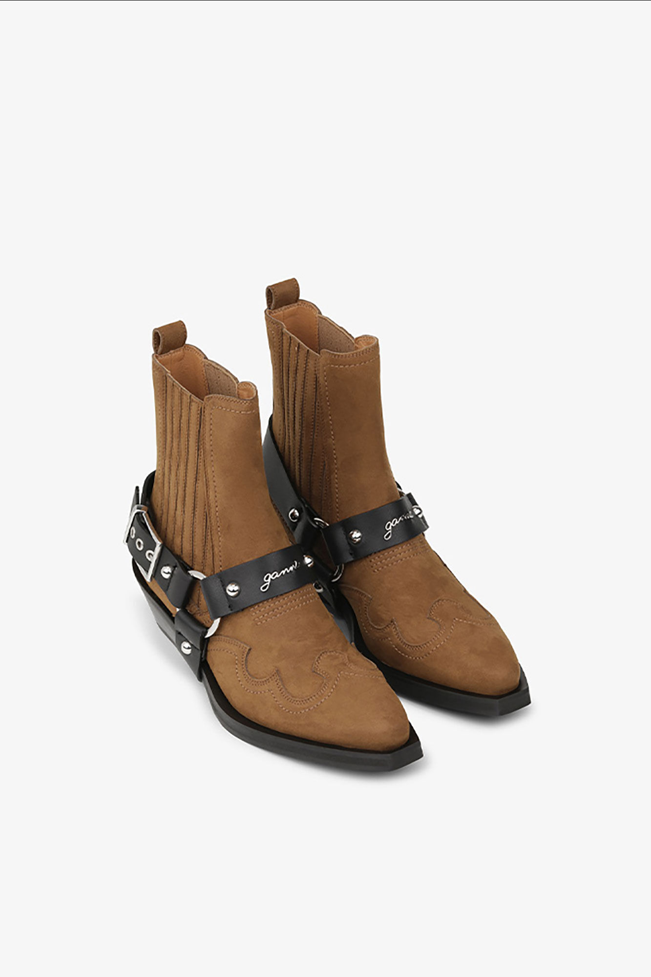 Brown Suede Low Cut Western Chelsea Boots, Recycled Polyamide, in colour Tobacco Brown - 2 - GANNI