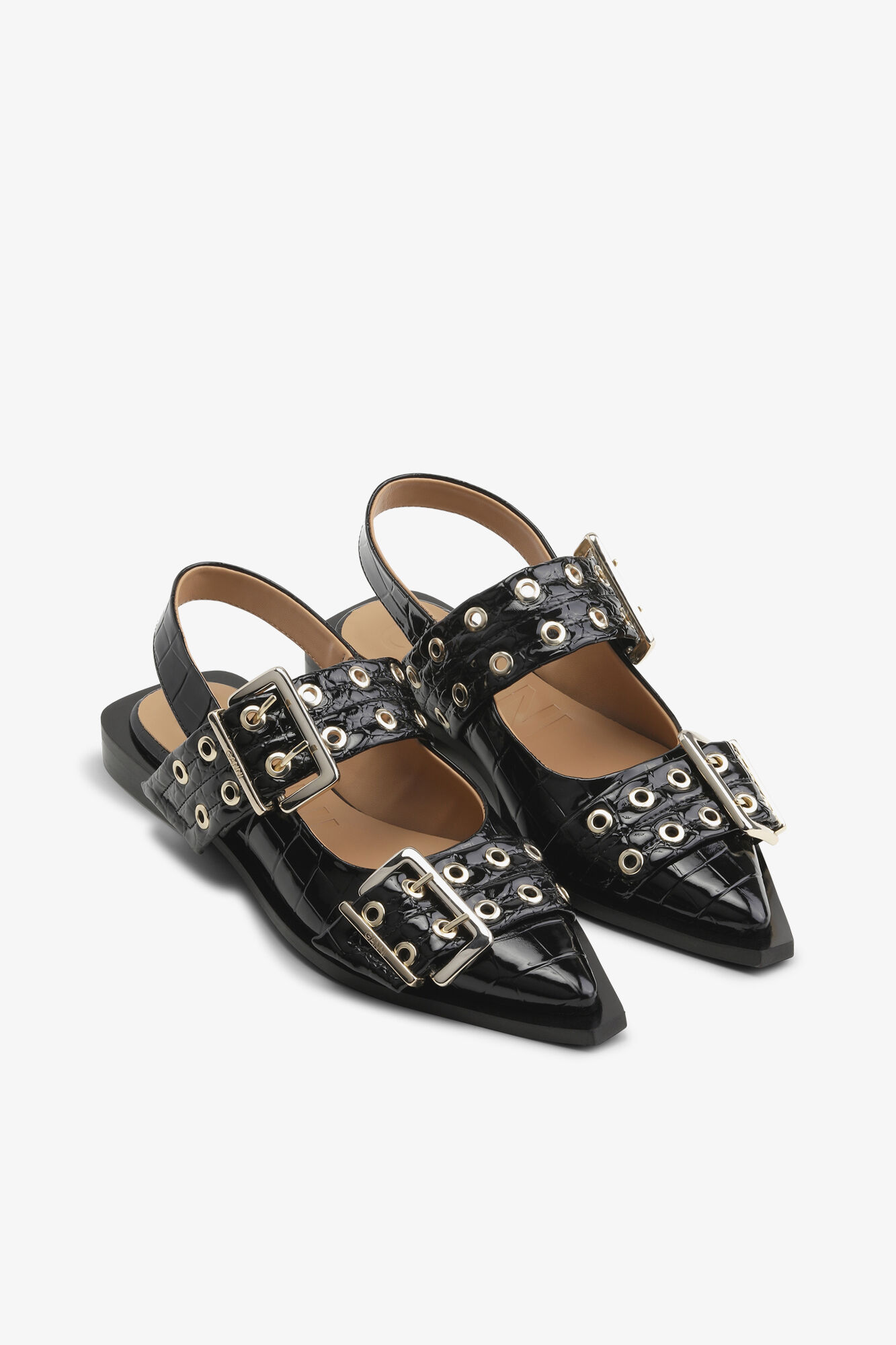 Feminine ballerinaer med spænde i sort croco, Recycled Leather, in colour Black - 2 - GANNI
