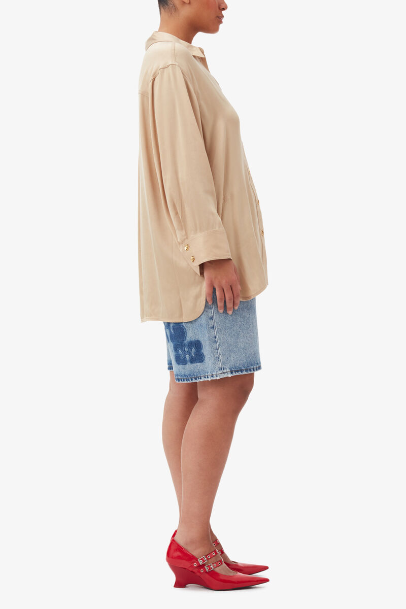 Beige Washed Satin Shirt, LENZING™ ECOVERO™, in colour Safari - 3 - GANNI