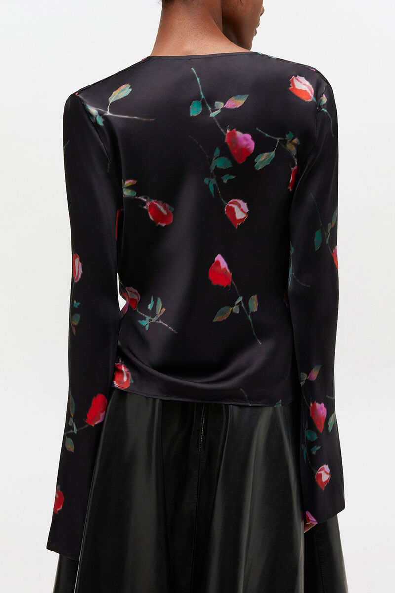 Satinbluse med print, Viscose, in colour Black - 3 - GANNI