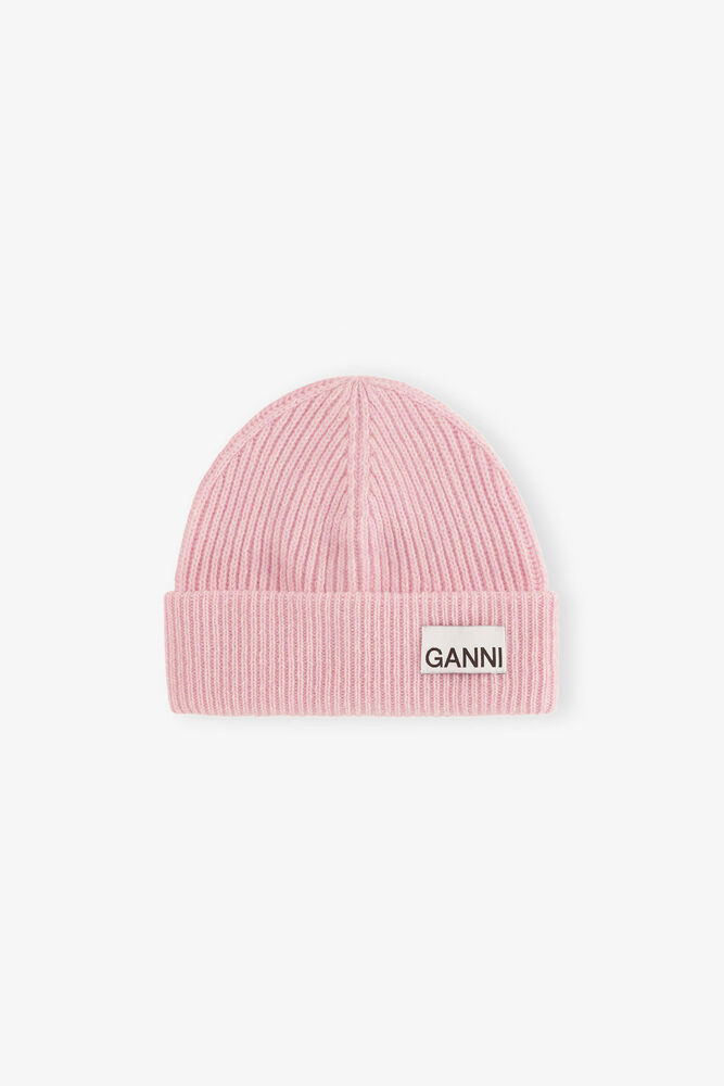 Fitted Beanie in Light Pink Rib Wool Knit, Mauve Chalk