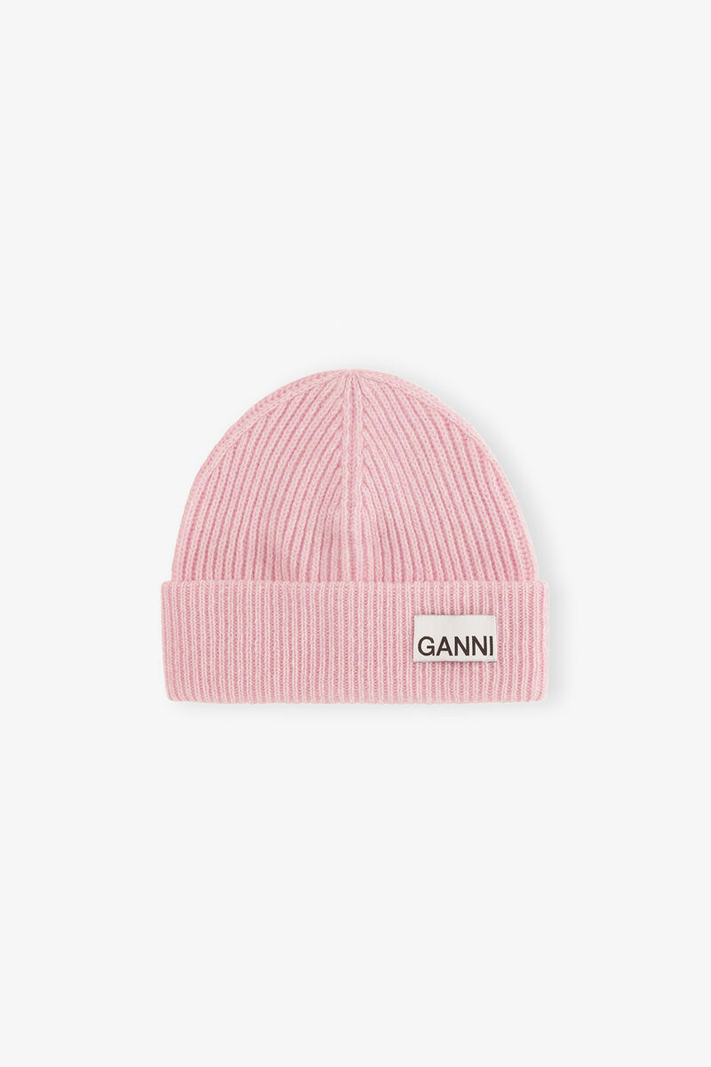 Fitted Beanie in Light Pink Rib Wool Knit, Wool, in colour Mauve Chalk - 1 - GANNI