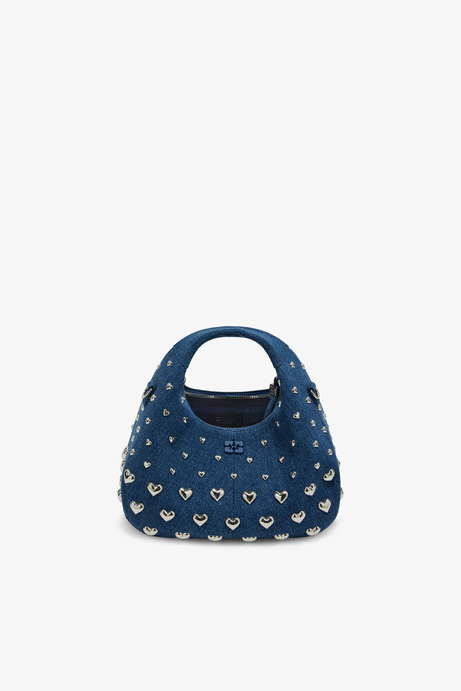 Mini Hobo Bag with Heart Studs in Denim, Navy Peony