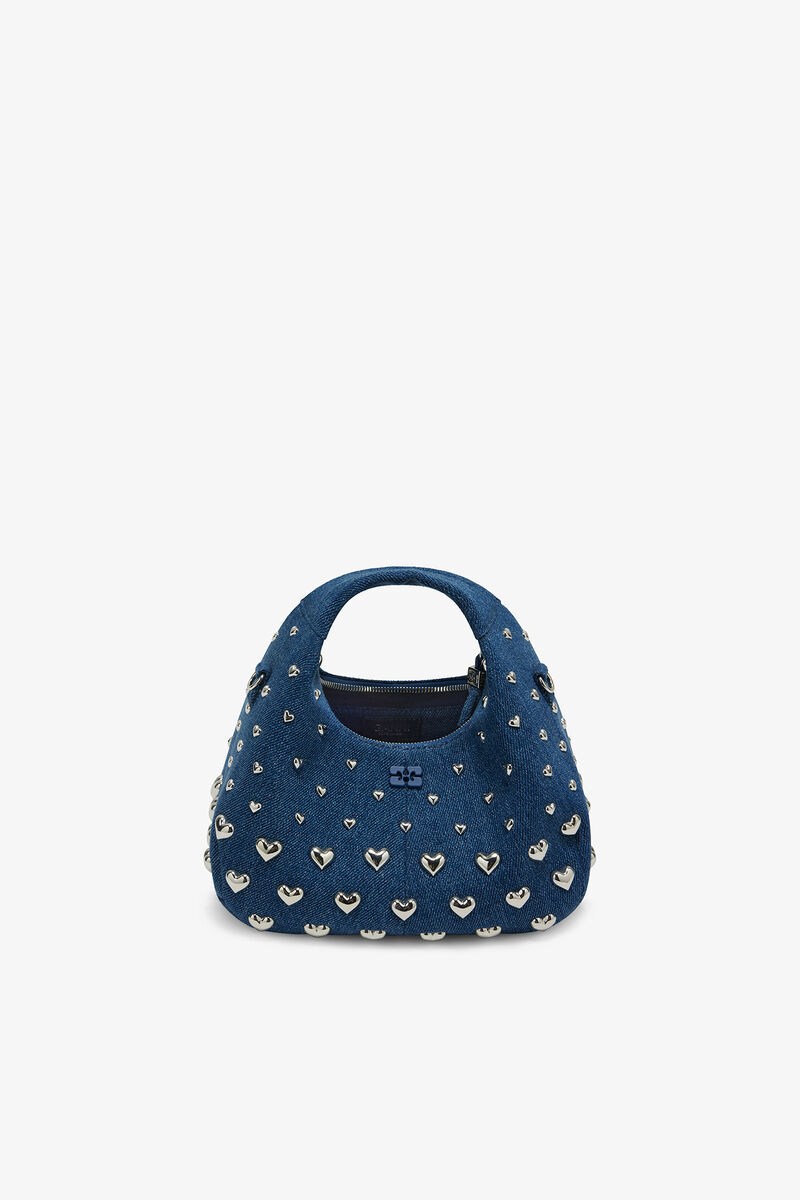 Mini Hobo Bag with Heart Studs in Denim, Recycled Cotton, in colour Navy Peony - 3 - GANNI
