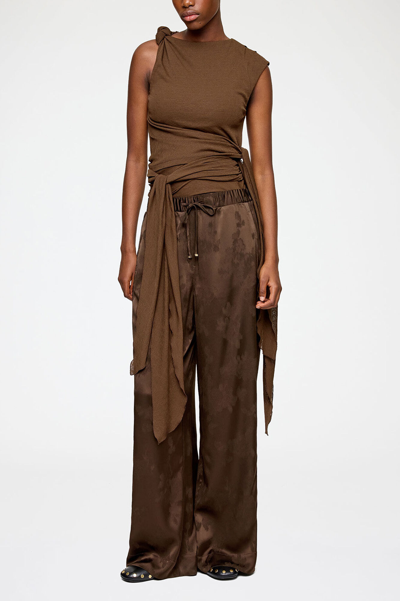Trousers in Brown Satin, Acetate, in colour Demitasse - 1 - GANNI