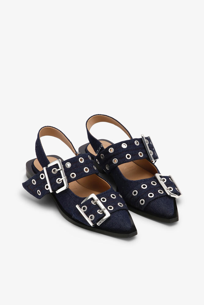 Denim Feminine Buckle Ballerinas, Dark Navy