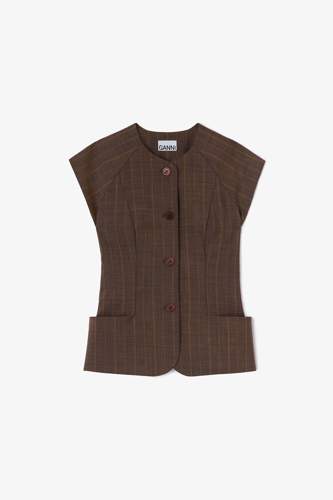 Blouse in Brown Pinstripe Wool, Rain Drum
