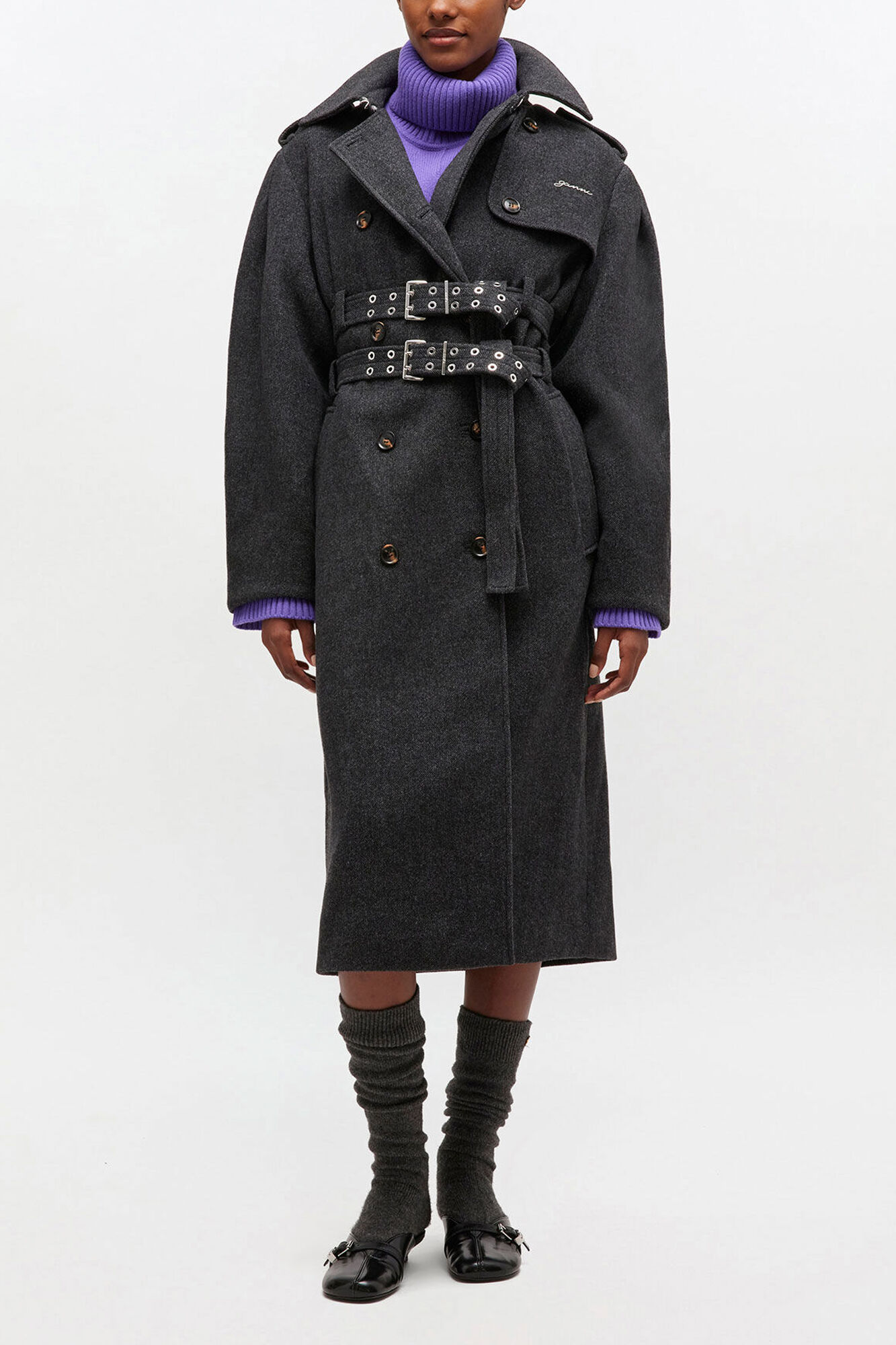 Wool Trench Coat, Wool, in colour Phantom - 1 - GANNI