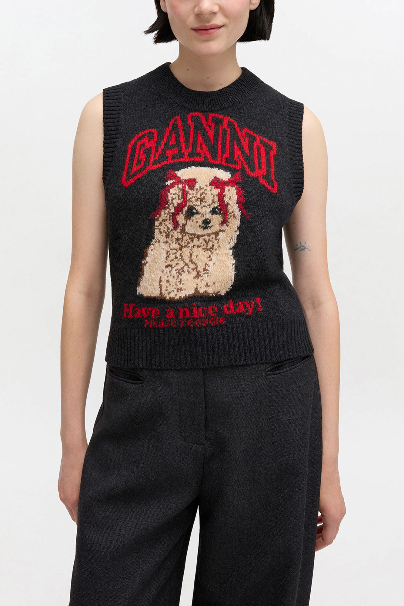 Graphic Wool Vest, Wool, in colour Black Sand - 1 - GANNI