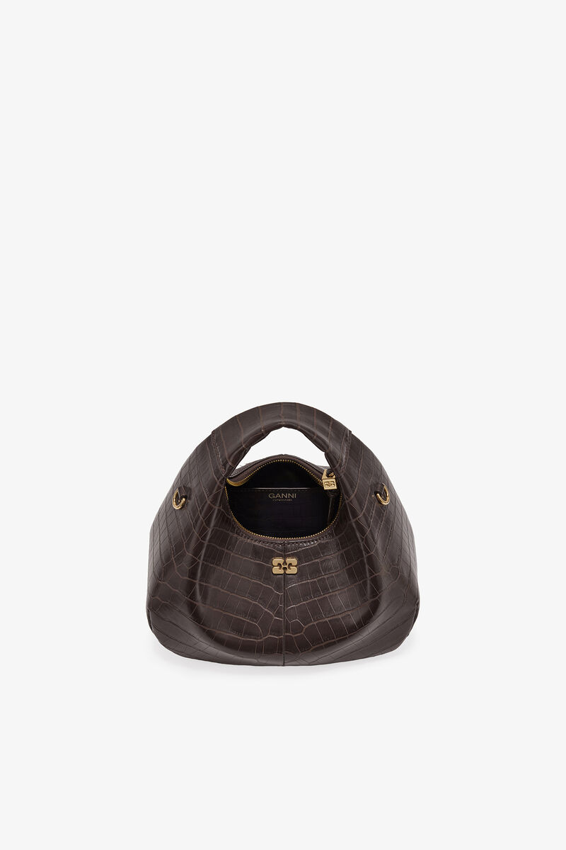 Mini Hobo Bag in Brown Croco, Recycled Leather, in colour Chocolate Fondant - 3 - GANNI