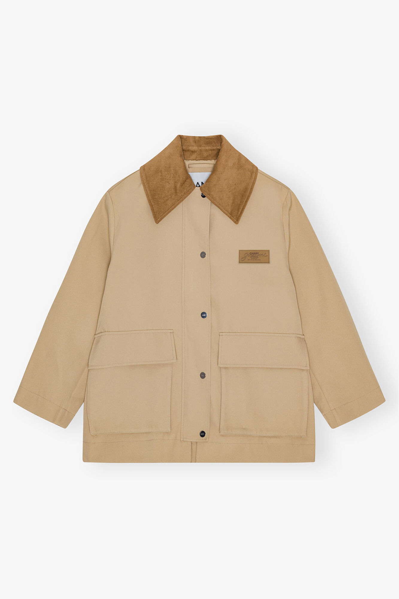 Camel Twill Midi Jacket, Recycled Polyester, in colour Pale Khaki - 1 - GANNI