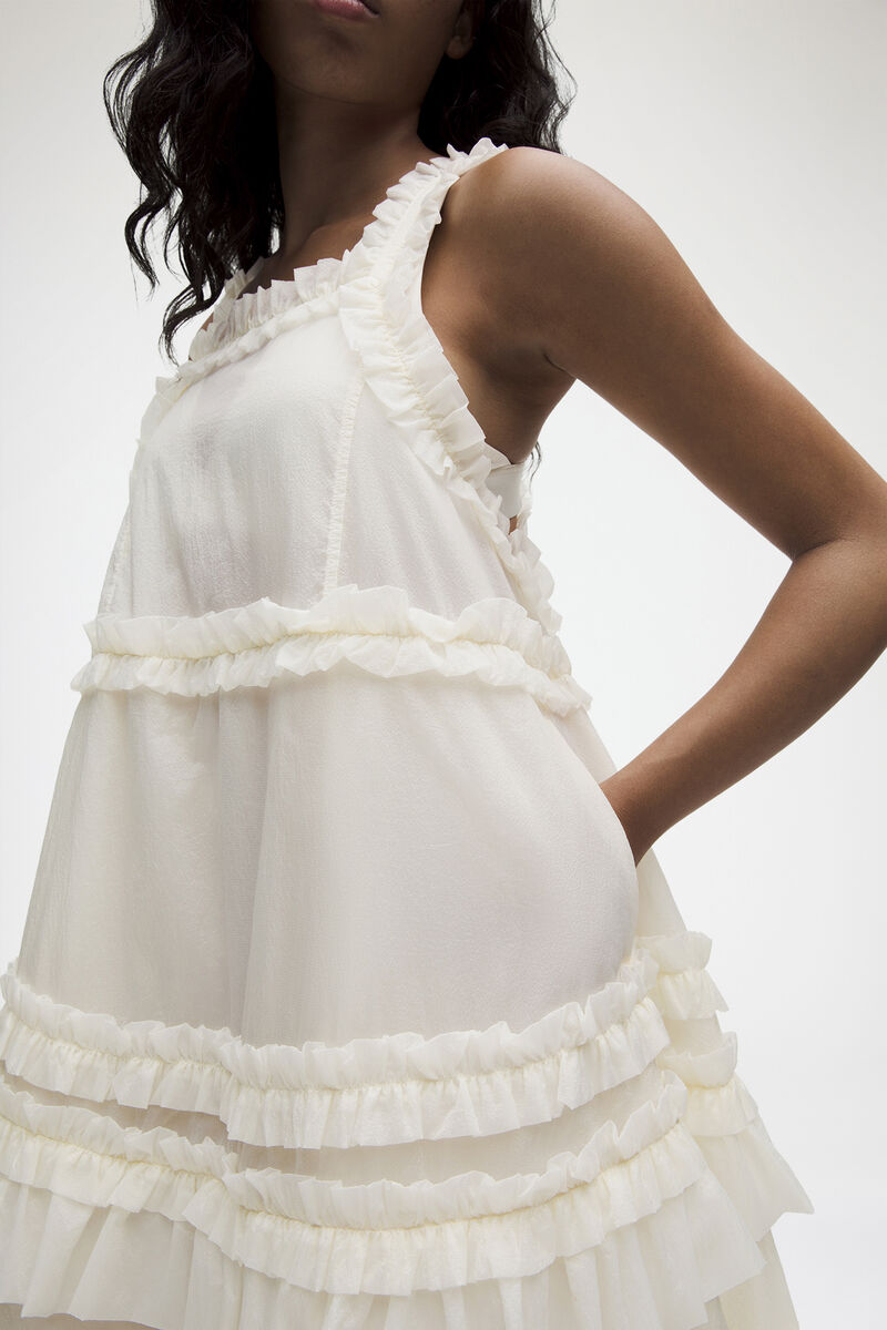 Ruffle-Trim Textured Midi Dress, Recycled Polyamide, in colour Coconut Ivory - 3 - GANNI