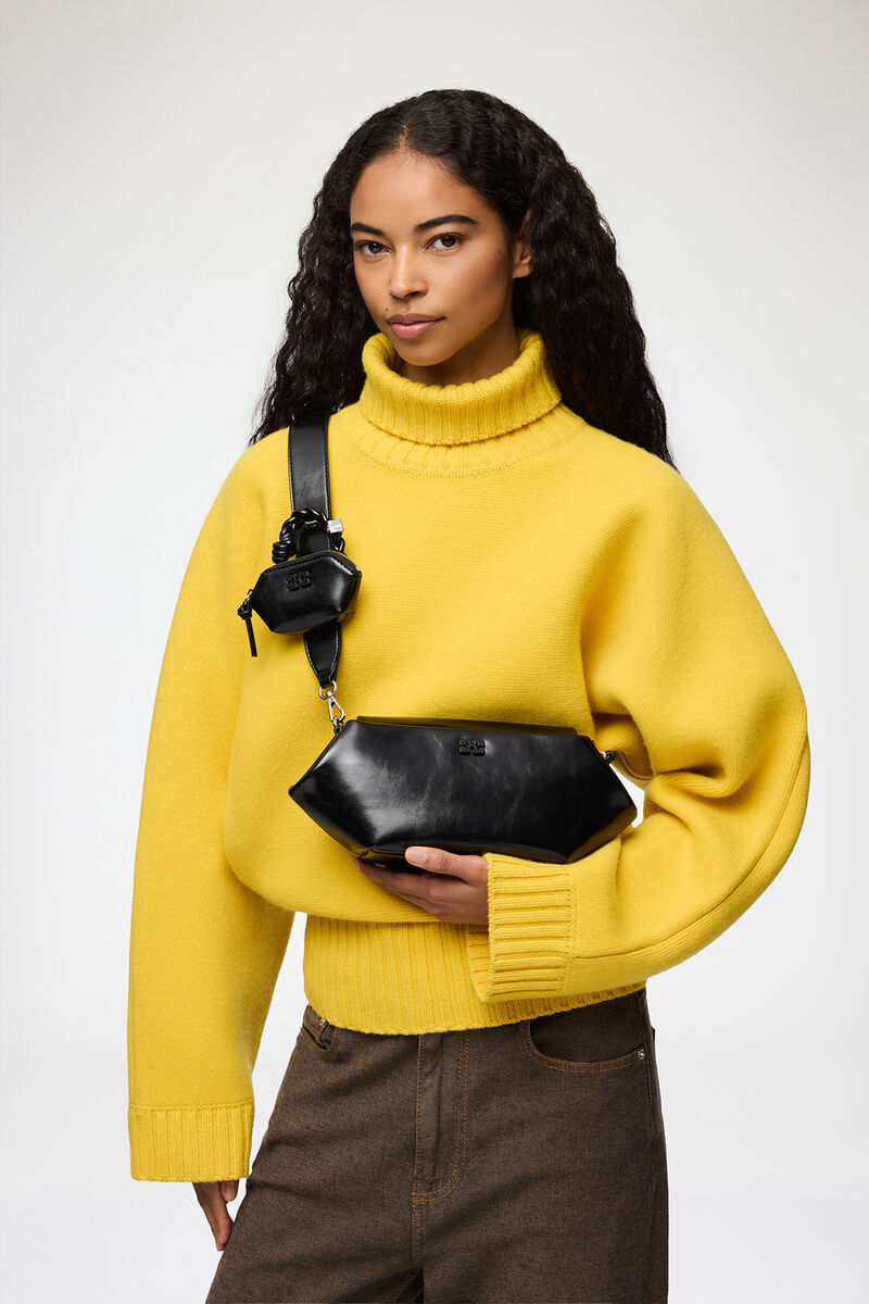 Bou Bag East/West Shine in Black, Recycled Leather, in colour Black - 1 - GANNI