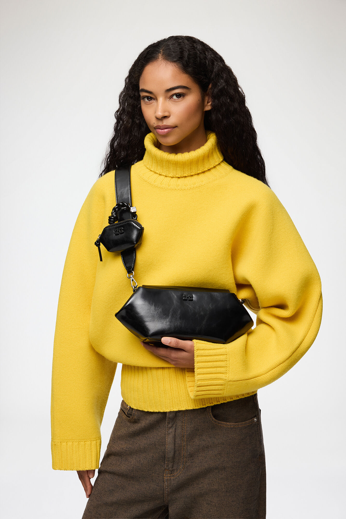 Bou Bag East/West Shine in Black, Recycled Leather, in colour Black - 1 - GANNI
