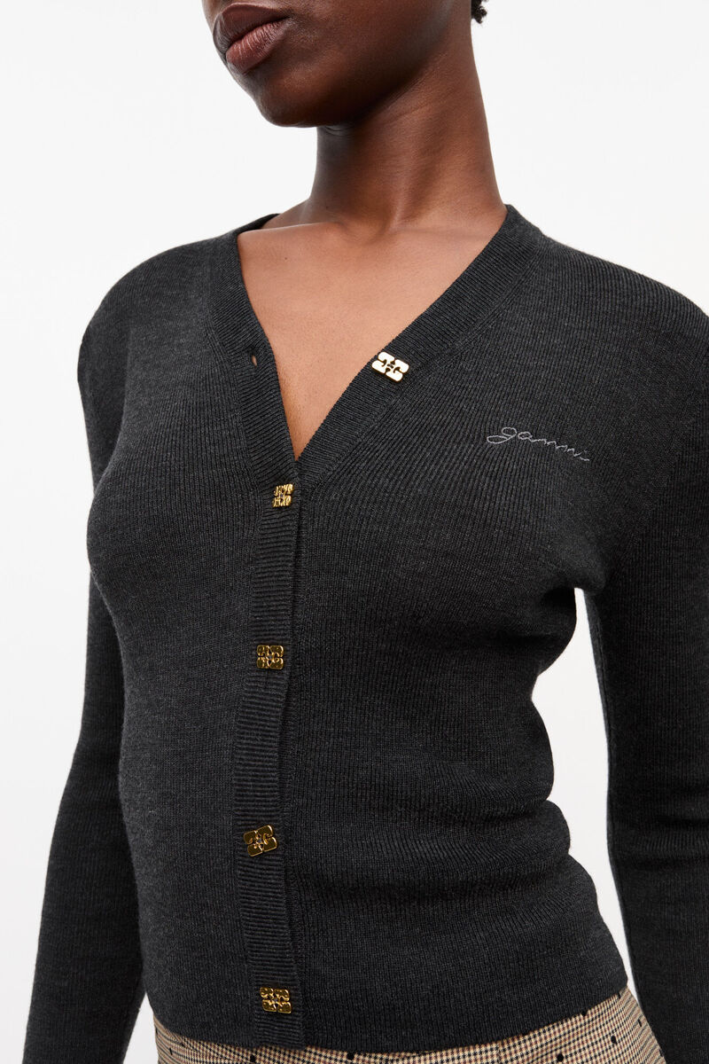 Black Mini Ribbed Merino Cardigan, Merino Wool, in colour Phantom - 4 - GANNI